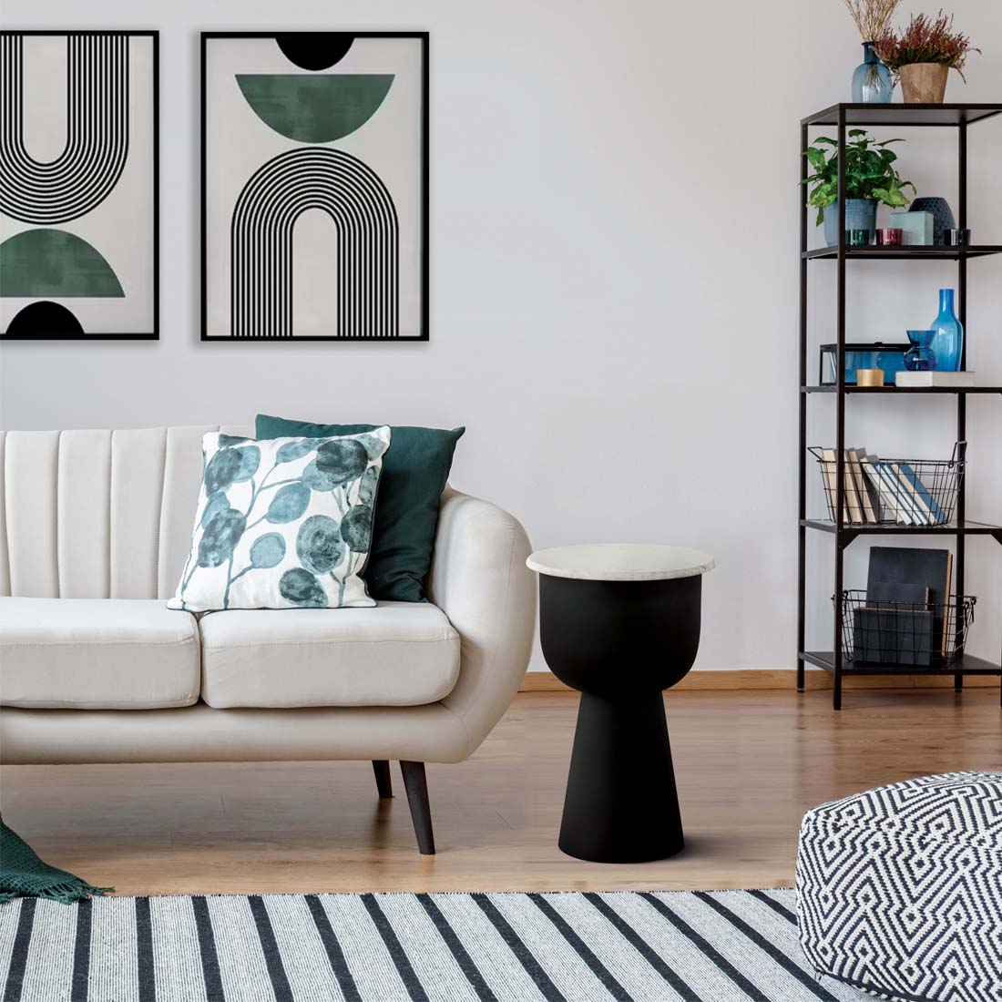 Load video: video of a black and white table, featured in a living room, showing the texture and colour