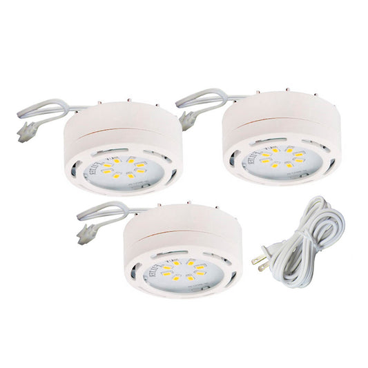 3580LED-PL3WHT-C, 120v Linkable LED Puck Light, White,3 Light Kit,8 LEDs, 3000K