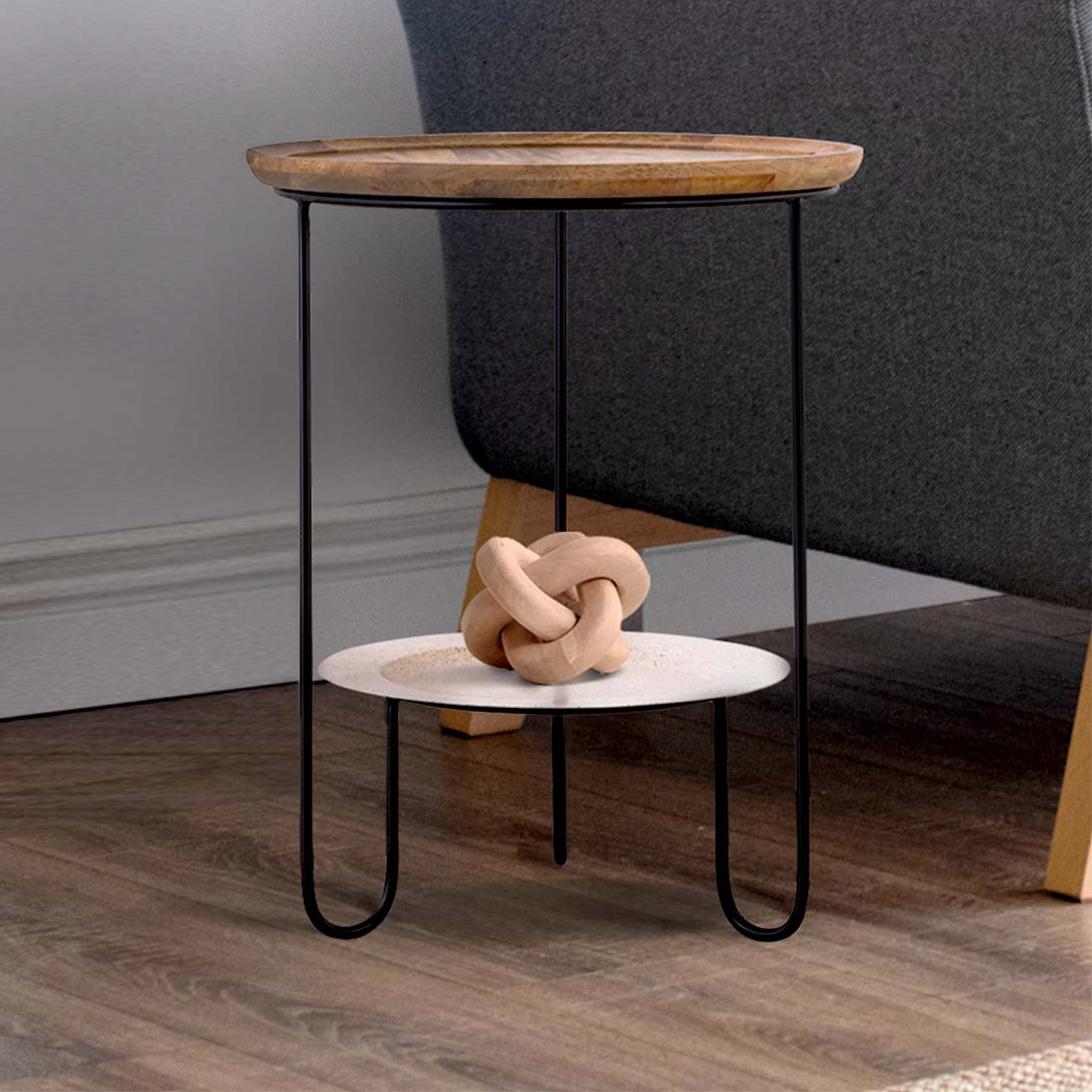 Load video: video showing the details of a side table with a wooden top, and a second tier with speckled lower plate, black iron legs