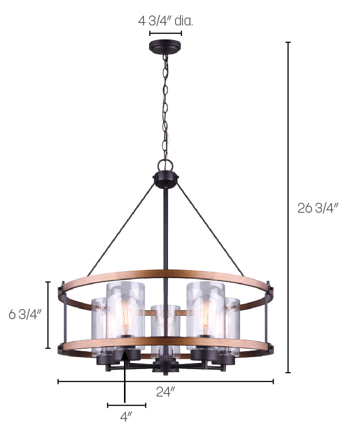 CANMORE, ICH740A05RBB24, ORB + Brushed wood effect Color, 5 Lt 24inch Chain Chandelier