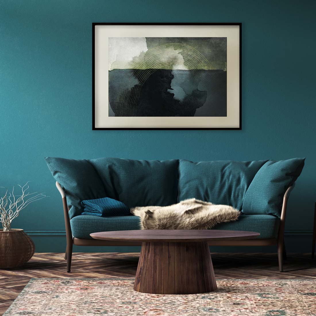 Load video: video showing a oval shaped coffee table, with carved grooves on the side, with a warm wood finish.  Infront of a teal sofa, with a fur throw placed on the sofa.  Walls are painted a teal coloured, with an abstract print hung above the sofa.